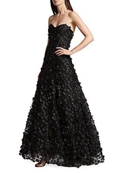 Amsale Black Strapless Floral Appliqu Ball Gown
